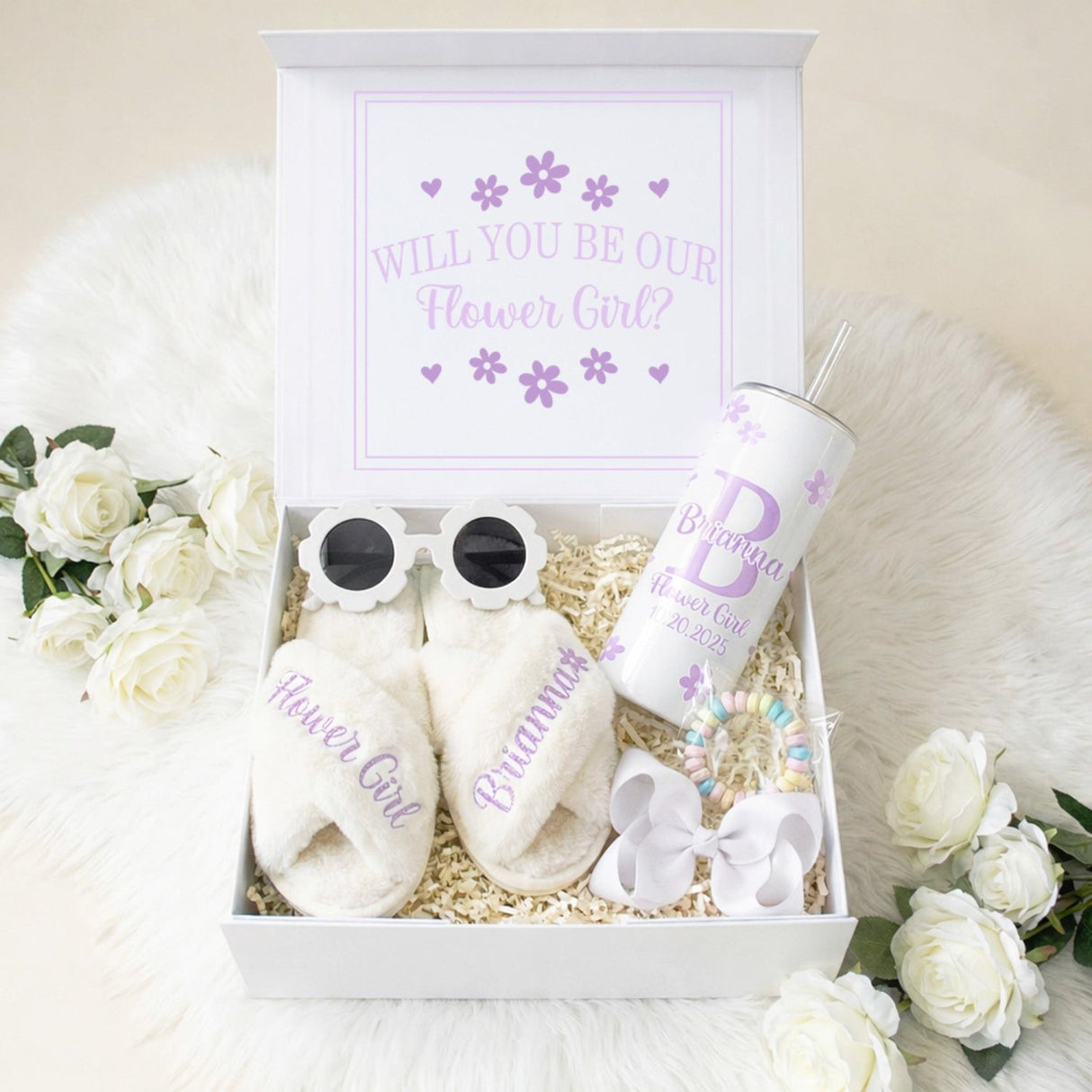 Sweet Pea Flower Girl Proposal Box with Fluffy Slippers & Tumbler - Gifts Are Blue