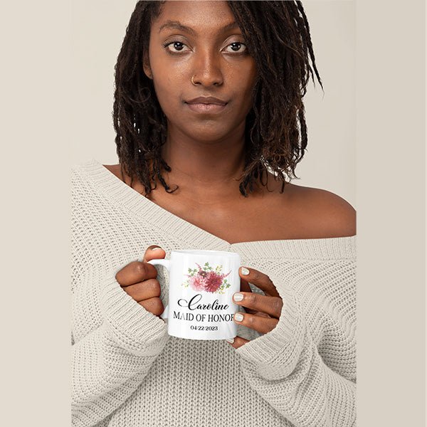 This is a great example of our ceramic mug customize for maid of honor with date and name added. all SKUs