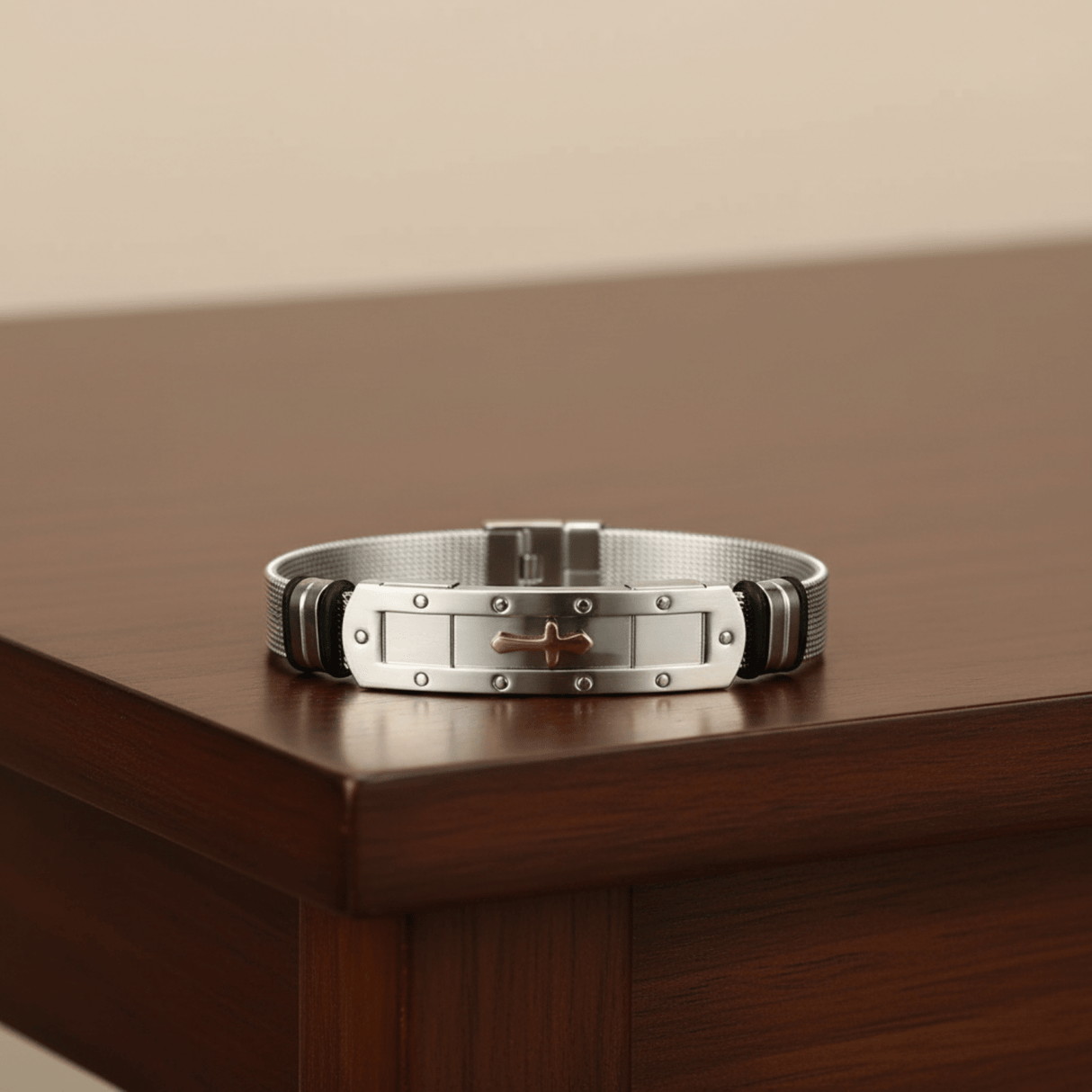 Mens Stainless Steel Bracelet with Adjustable Mesh Band and Buckle Clasp, Christian Bracelet with Cross - Gifts Are Blue
