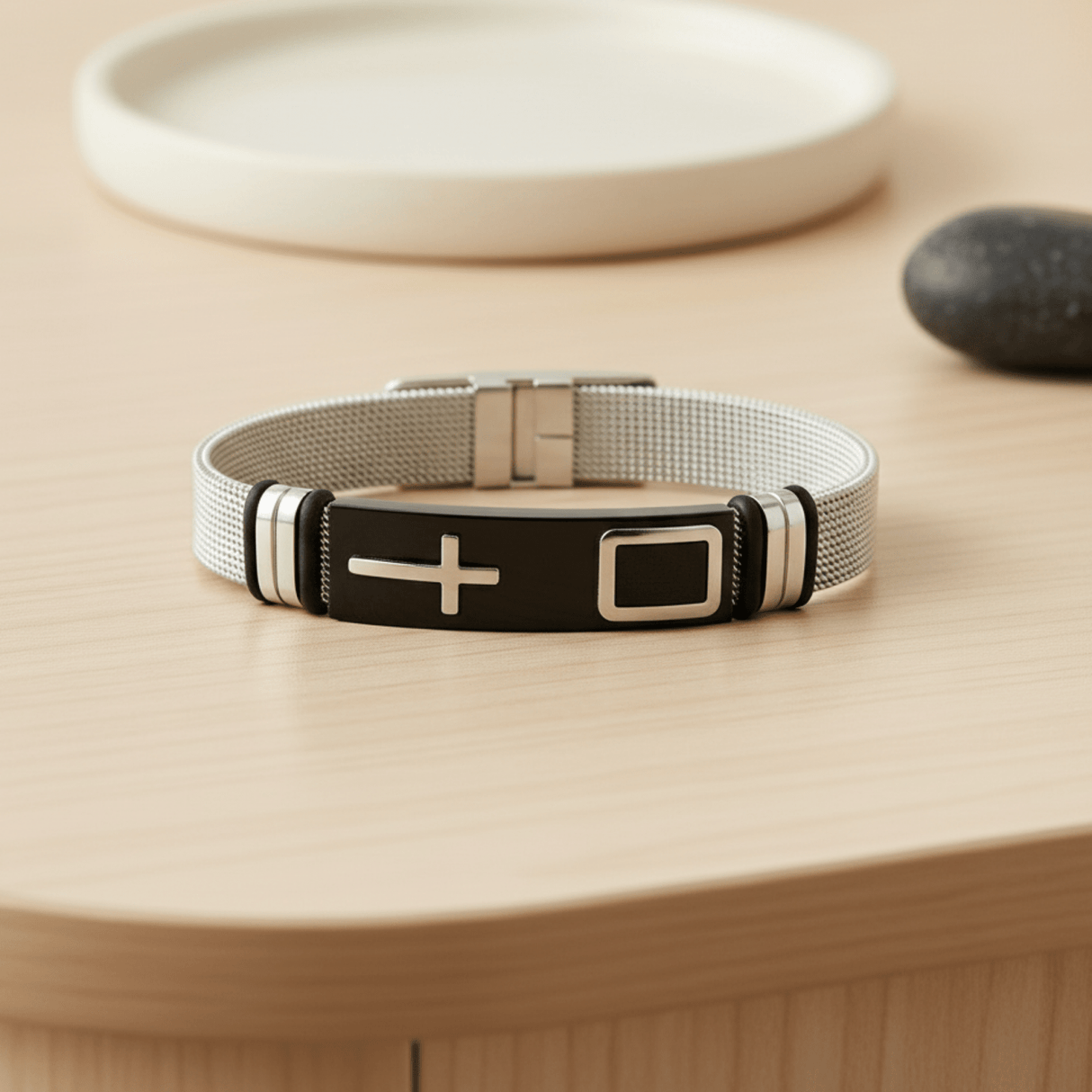 Mens Stainless Steel Bracelet with Adjustable Mesh Band and Buckle Clasp, Christian Bracelet with Cross - Gifts Are Blue