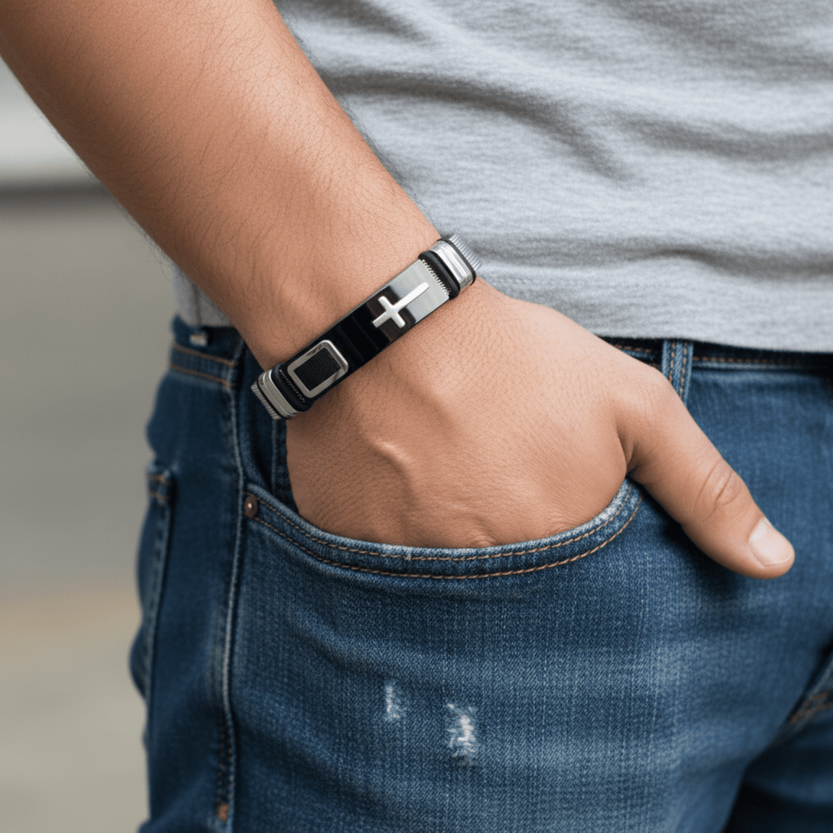 Mens Stainless Steel Bracelet with Cross - Mesh Adjustable Band with Buckle Clasp - Model - Black/Silver