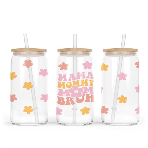 This Mama Mommy Mom Bruh Iced Coffee Glass Can features the cute phrase with colorful flowers. This tumbler comes with lid and straw.
