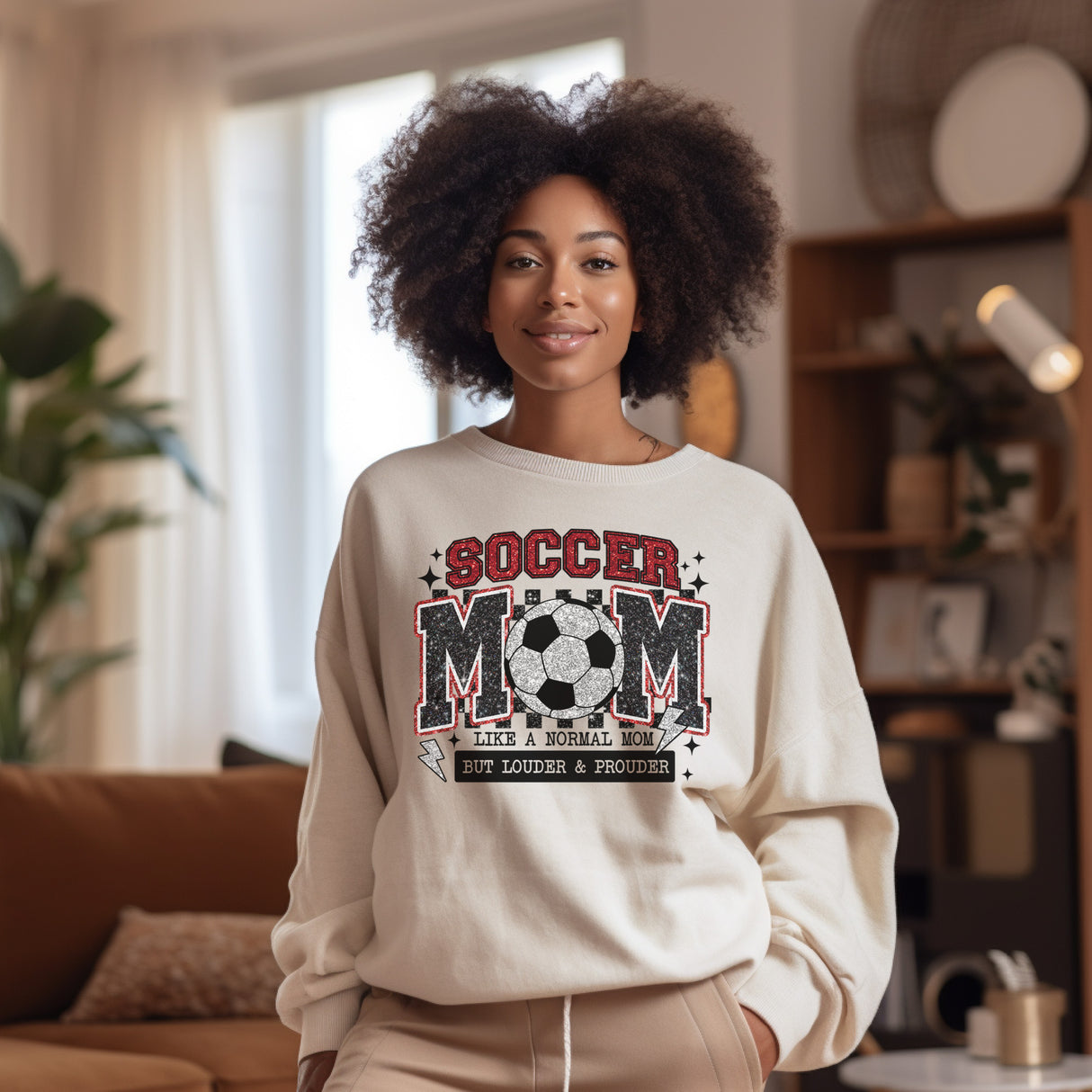 Mom wearing a cute glitter soccer mom sweatshirt. Comfortable fit sweatshirt for mothers day.