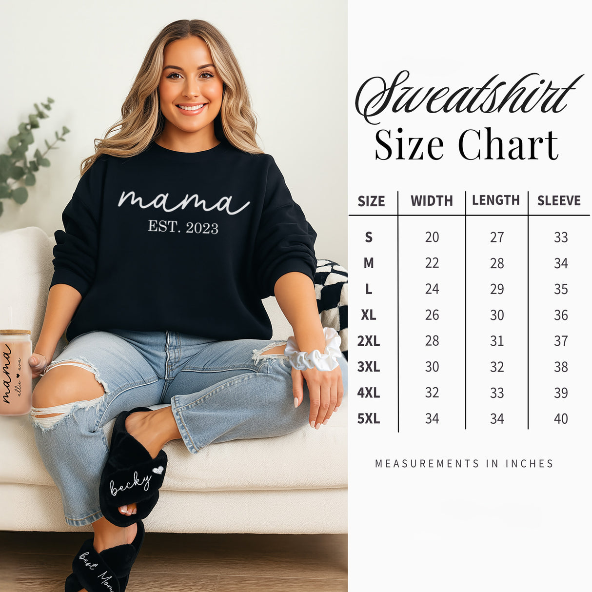 Mama sweatshirt with established year size chart. Part of a mom gift set that also includes slippers, glass can and scrunchies.