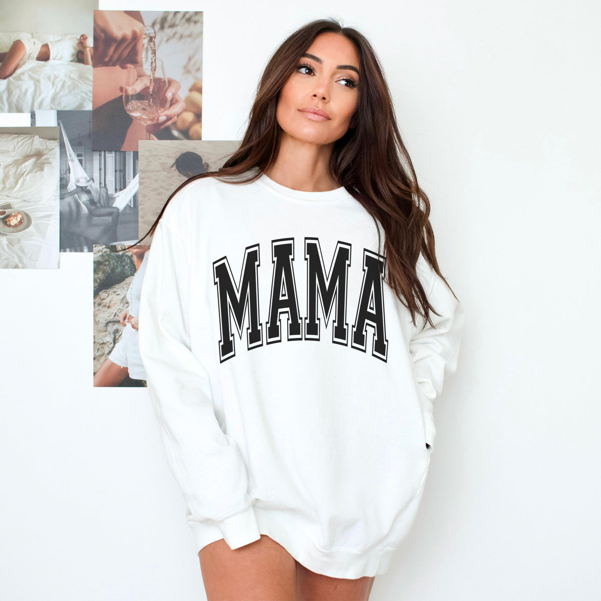 Crewneck for birthday gifts for mom. Woman wearing varsity mama sweatshirt, with bold print, comfortable sweatshirt for mothers days.