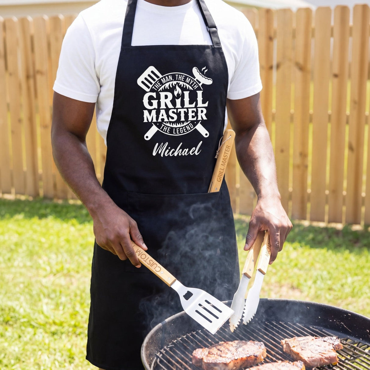 The Grill Master BBQ Tool Set with Engraved Case - 3 Pc Bamboo Kit - Gifts Are Blue