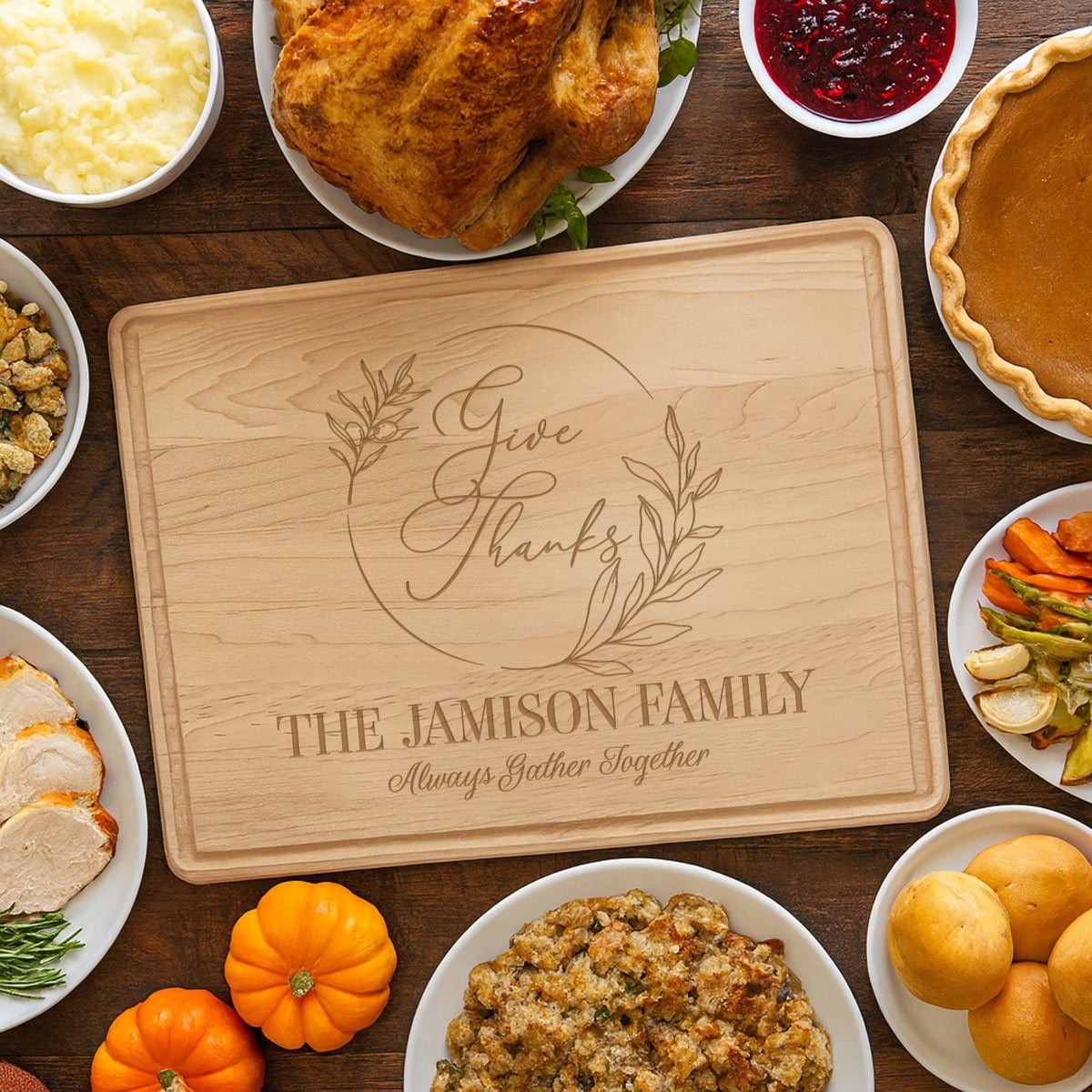 Give Thanks with Wreath Personalized Cutting Board for Thanksgiving - Gifts Are Blue