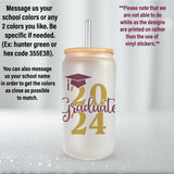 Class of 2024. Grad gift for him or her, Frosted 16oz 2024 Graduate Glass Tumbler with multi-colored (maroon & gold) 2024 Graduate design. Image encourages viewer to get in contact with the gifts are blue. allSKUs