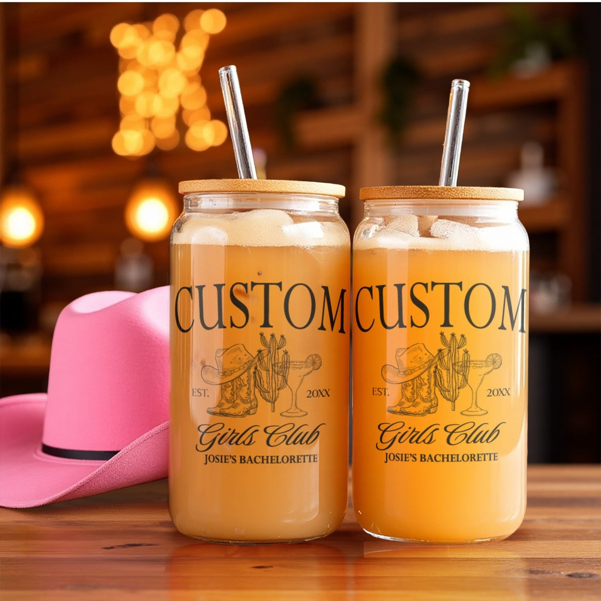 Custom Western bachelorette iced coffee tumblers with personalized names and titles, perfect for country bride and bridesmaid gifts, Nashville or Austin bachelorette party cups.