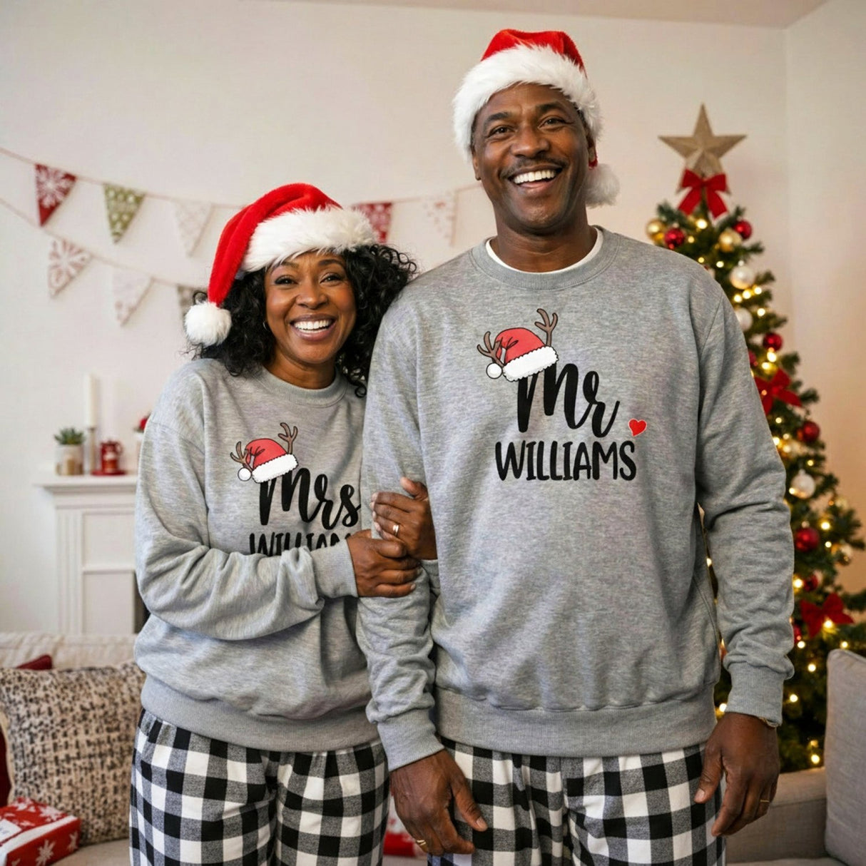 Mr and Mrs Santa Hat Personalized Matching Couples Christmas Pajama Set with Black Plaid Pants - Gifts Are Blue