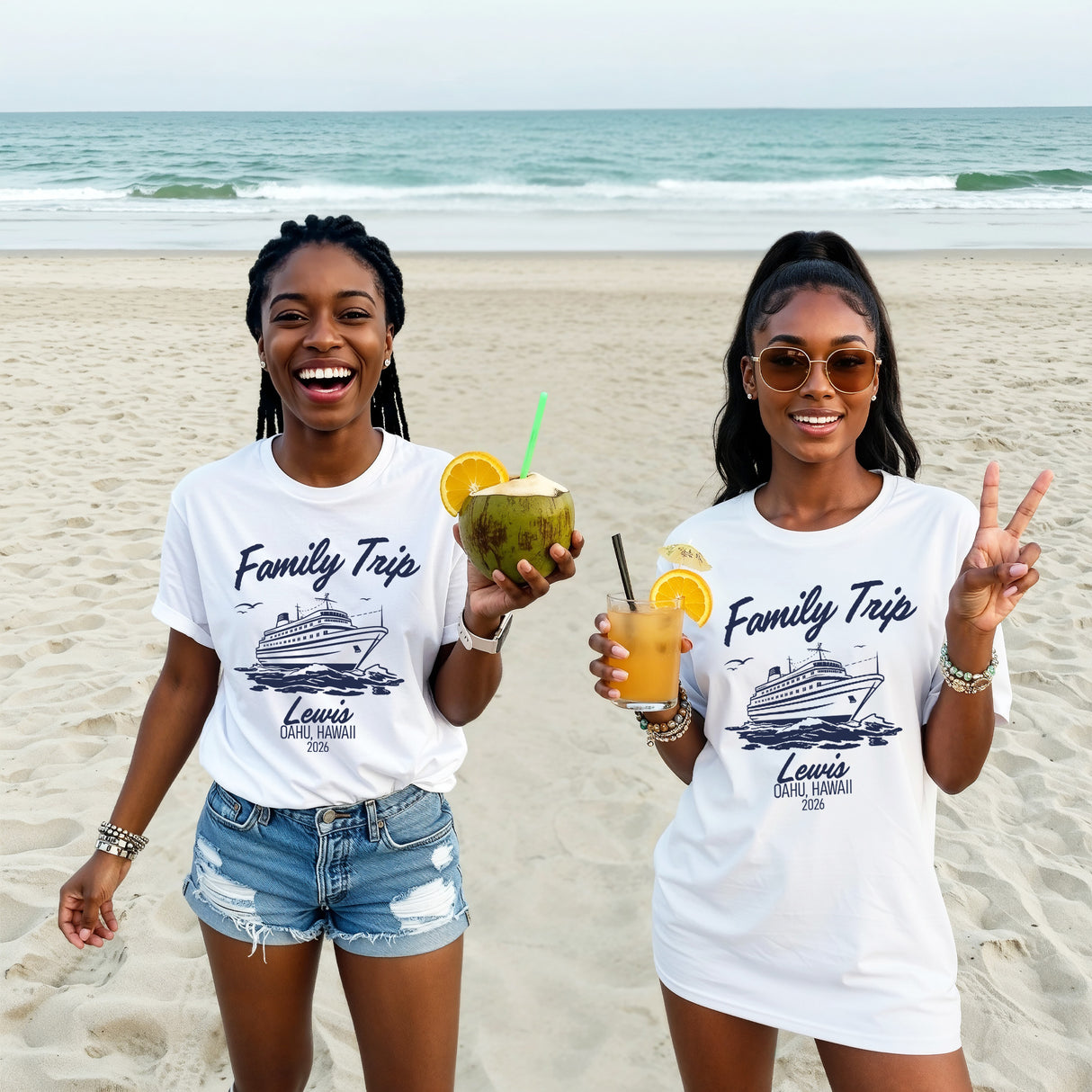 Matching vacation shirts customized for cruise family trips, perfect for couples or family vacation.