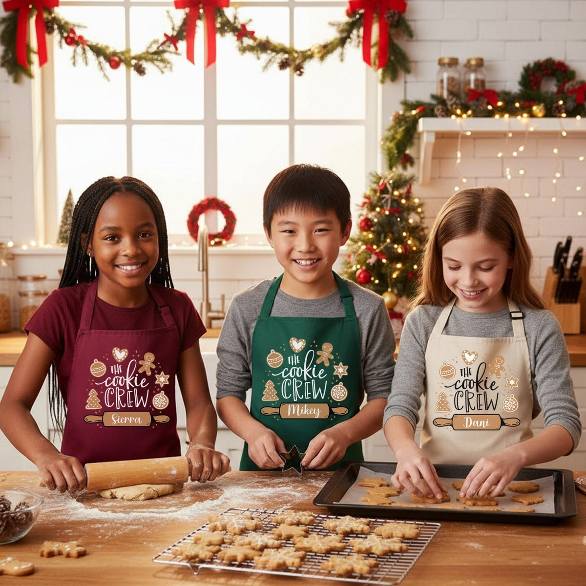 The Cookie Crew Personalized Family Matching Christmas Aprons for Adults and Kids - Gifts Are Blue