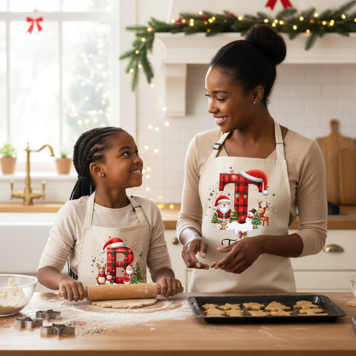 Red and Black Plaid Initial Personalized Matching Christmas Aprons for Adults and Kids - Gifts Are Blue