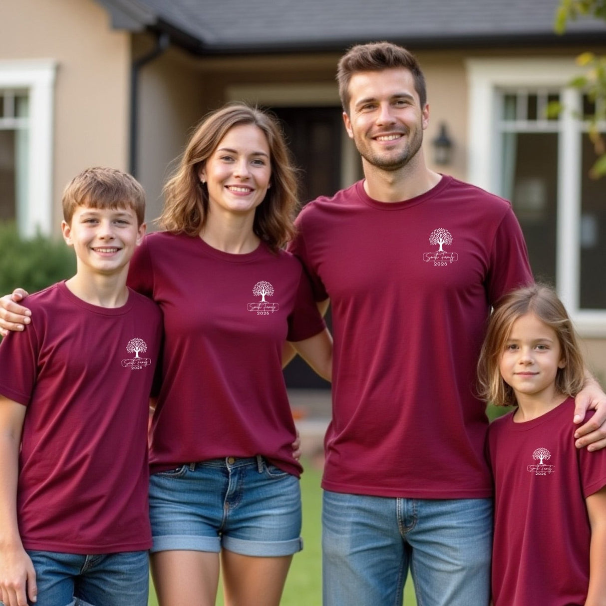 Matching family t-shirts for reunions, vacations, and family events featuring a family tree and customizable name.