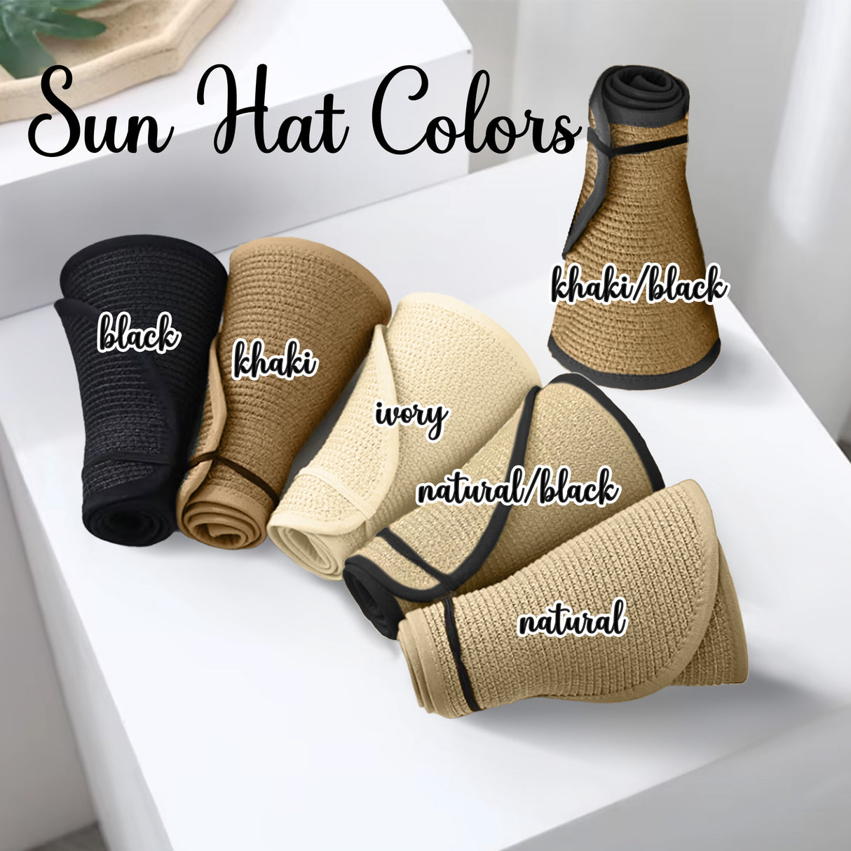Matching sun hats in six colors. Available in black, khaki, ivory, natural, khaki with black trim and natural with black trim. Great for girls retreats, bachelorettes and more.