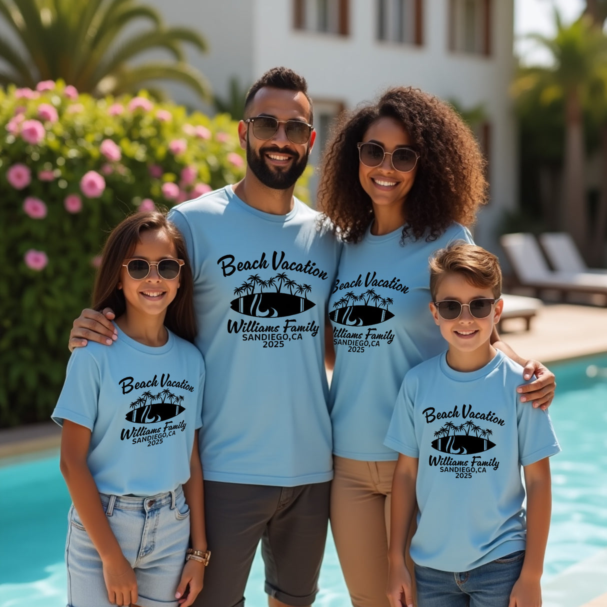 Personalized surfer shirts for family vacation with custom names, ideal for beach trips, reunions, and cruise travel.