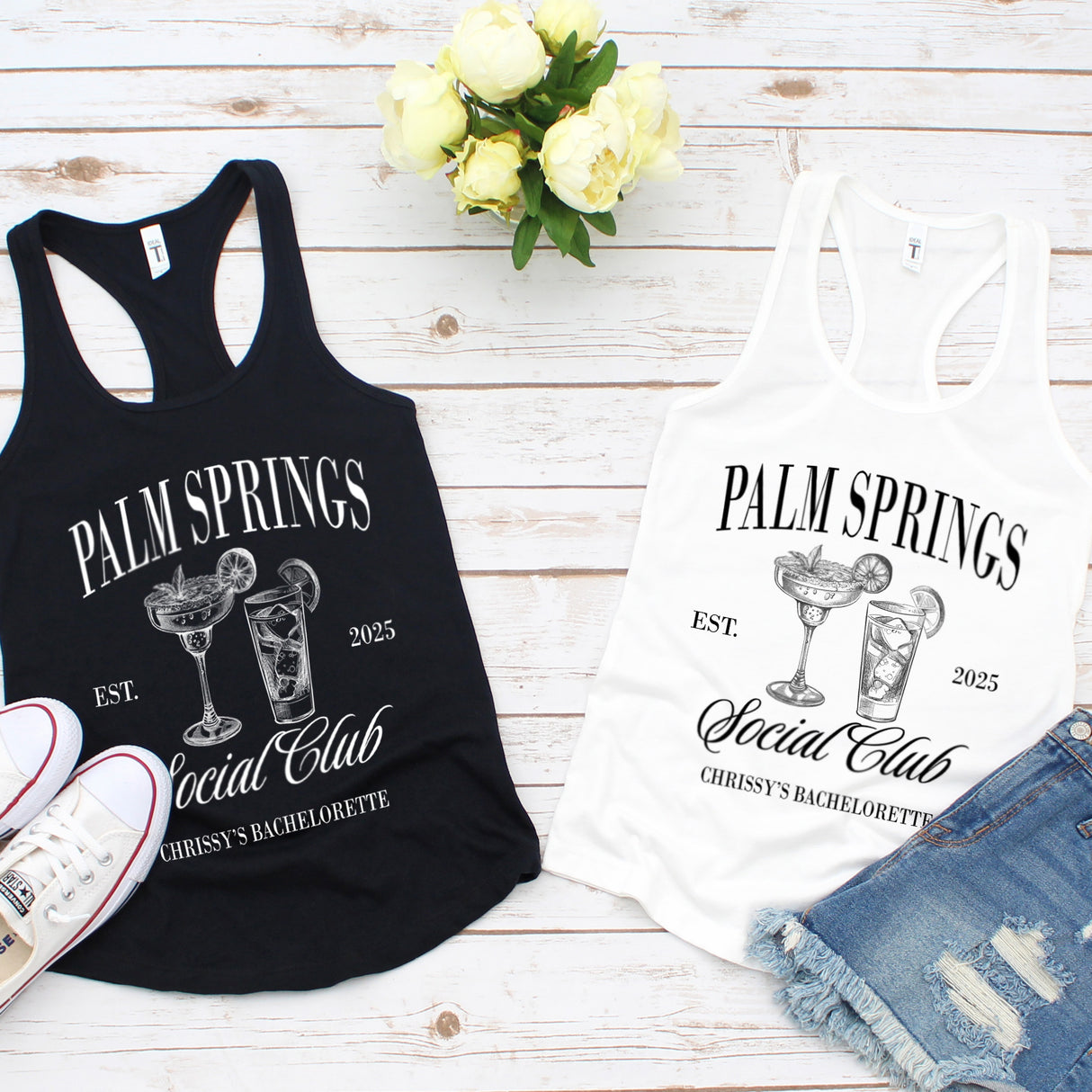 Personalized tank tops for bride to be and her bridal party, ideal for bachelorette weekends, destination weddings, and proposal gift boxes.