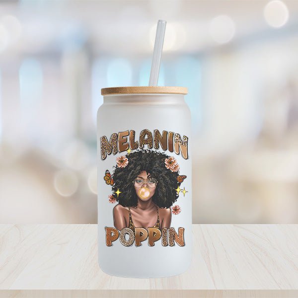 Melanin Poppin Floral and Butterfly Frosted Iced Coffee Glass Tumbler - Gifts Are Blue