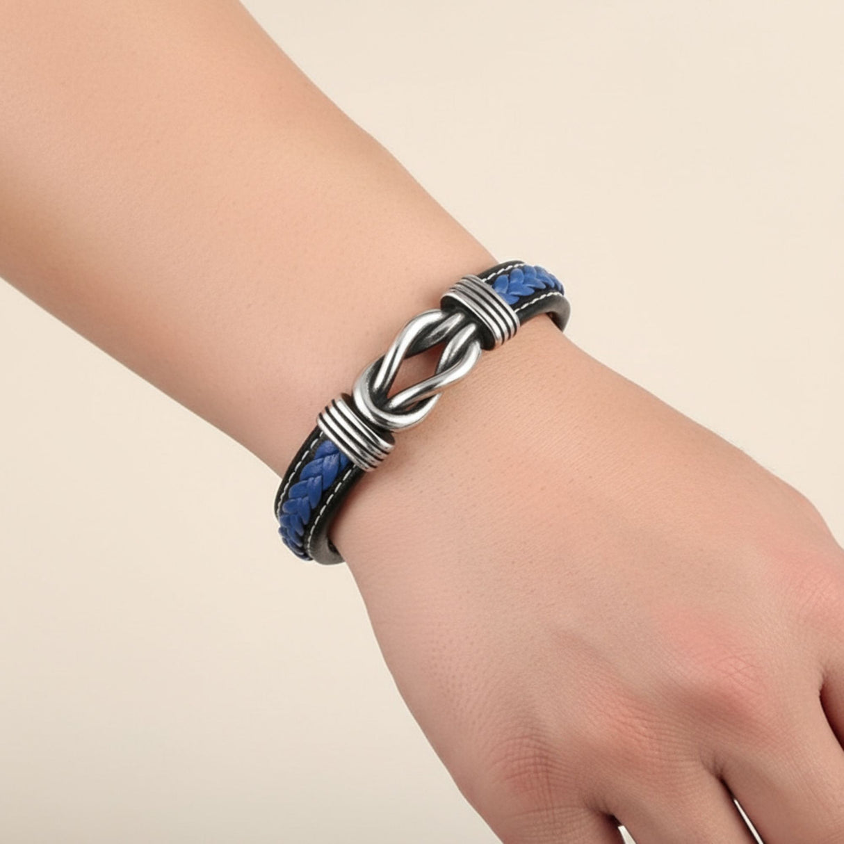 Mens Fashion Leather Bracelet with Stainless Steel Accents, Blue