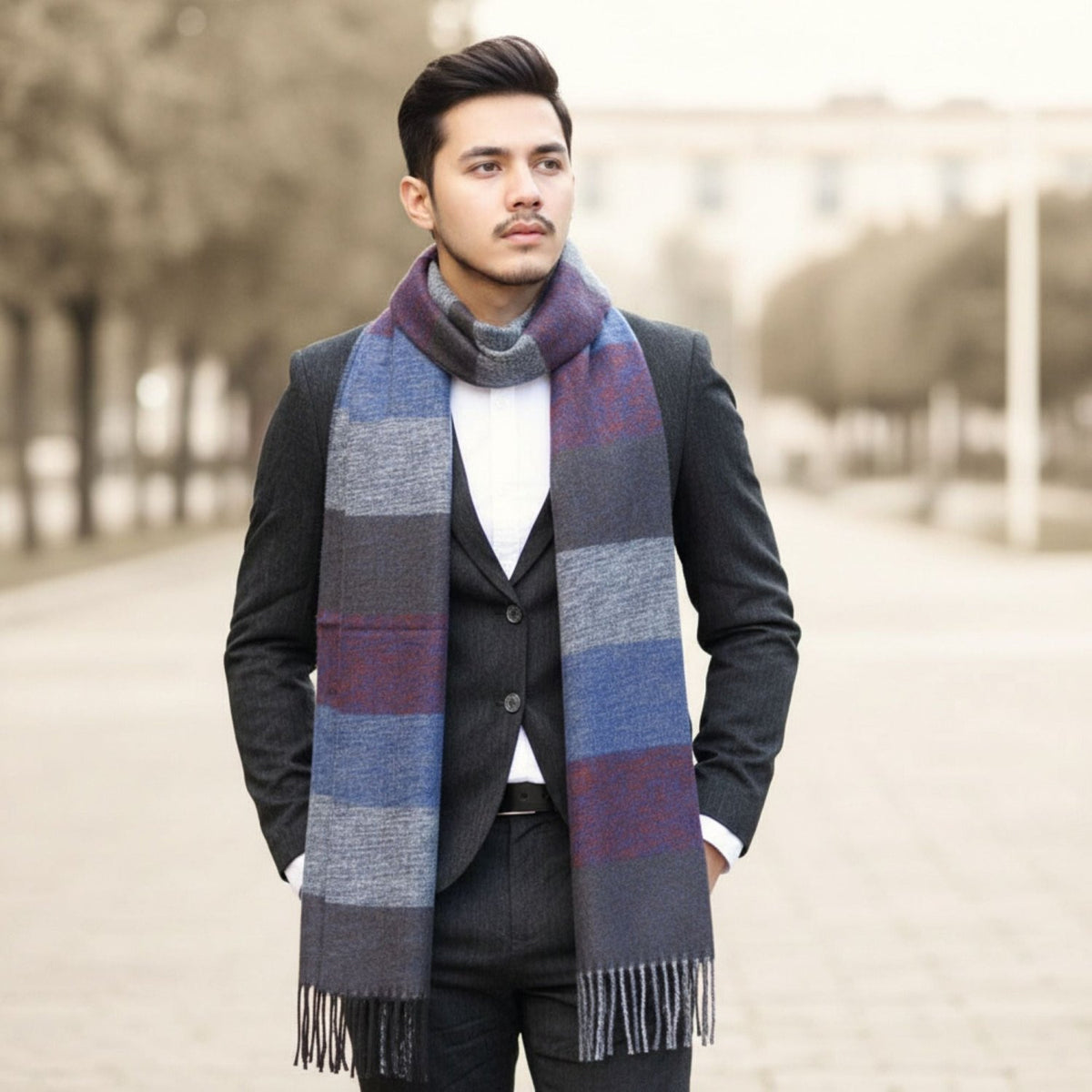 Mens Pashmina Blue Striped Winter Scarf - Gifts Are Blue