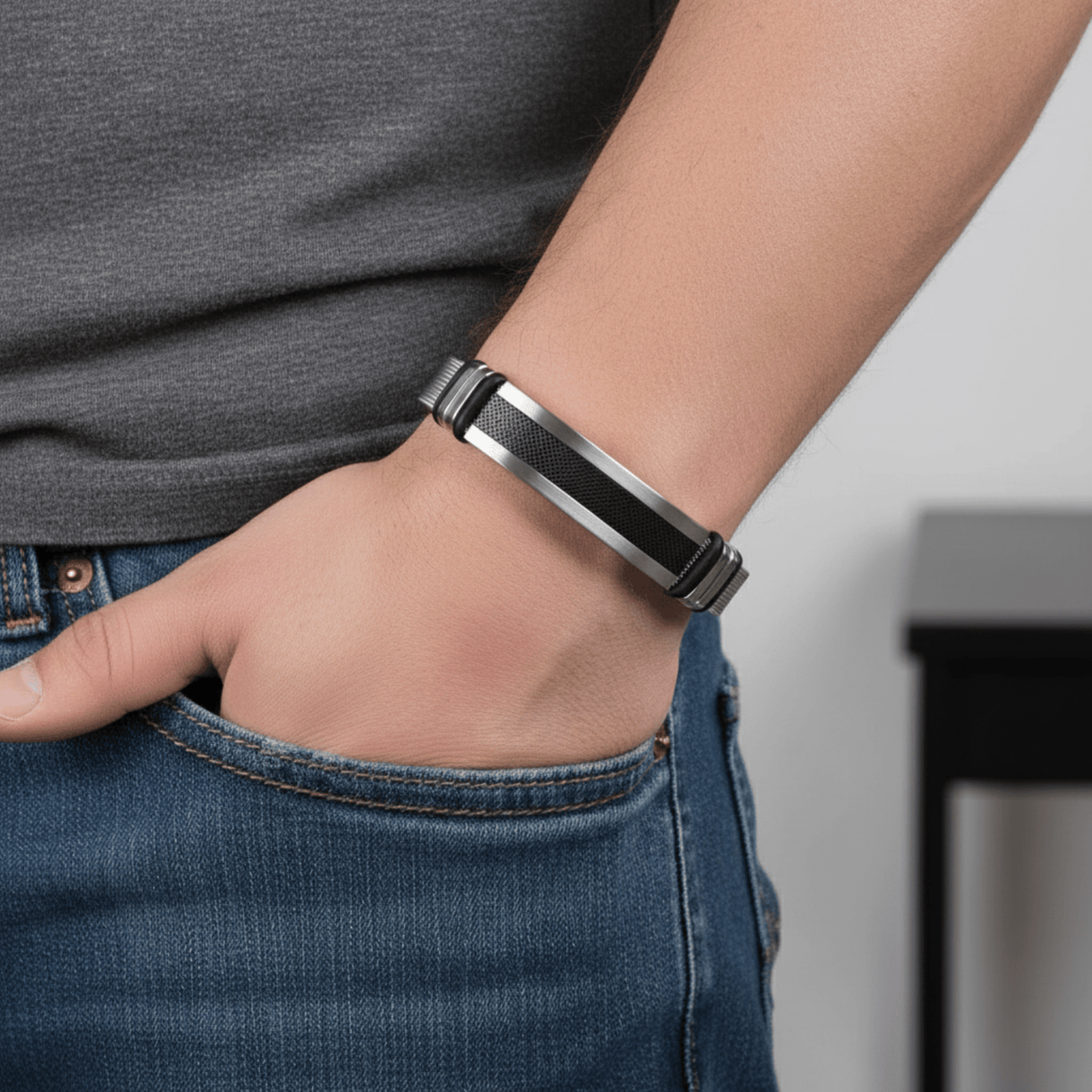 Mens Stainless Steel Bracelet with Bar, Adjustable Mesh Band with Buckle Clasp - Gifts Are Blue