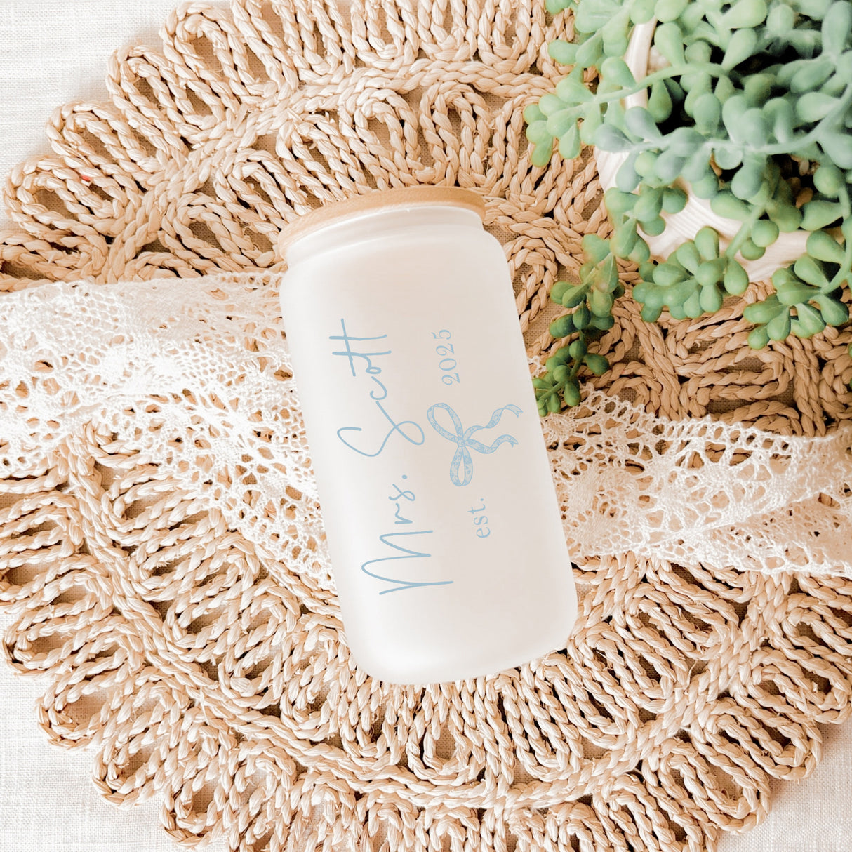 Custom bride glass can with Wifey and last name, bridal shower keepsake.