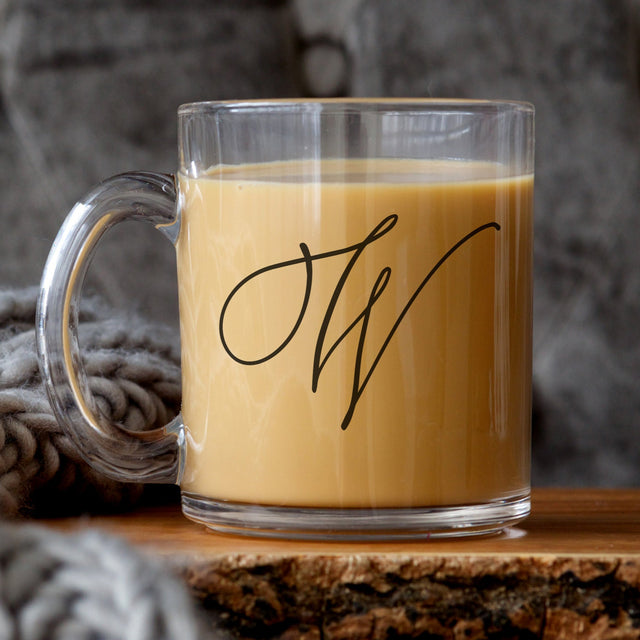 Personalized clear glass mug with monogram initial, minimalist 10 oz coffee cup for her.