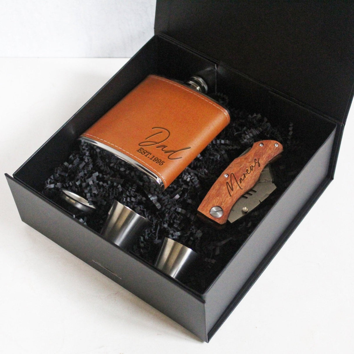 Personalized dad gift box for birthdays, Father’s Day, or Christmas, from daughter and son with custom messages.
