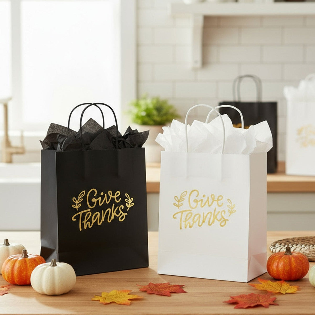 Minimalist Give Thanks Gifts Bags with Tissue Paper for Thanksgiving Party Favors - Gifts Are Blue