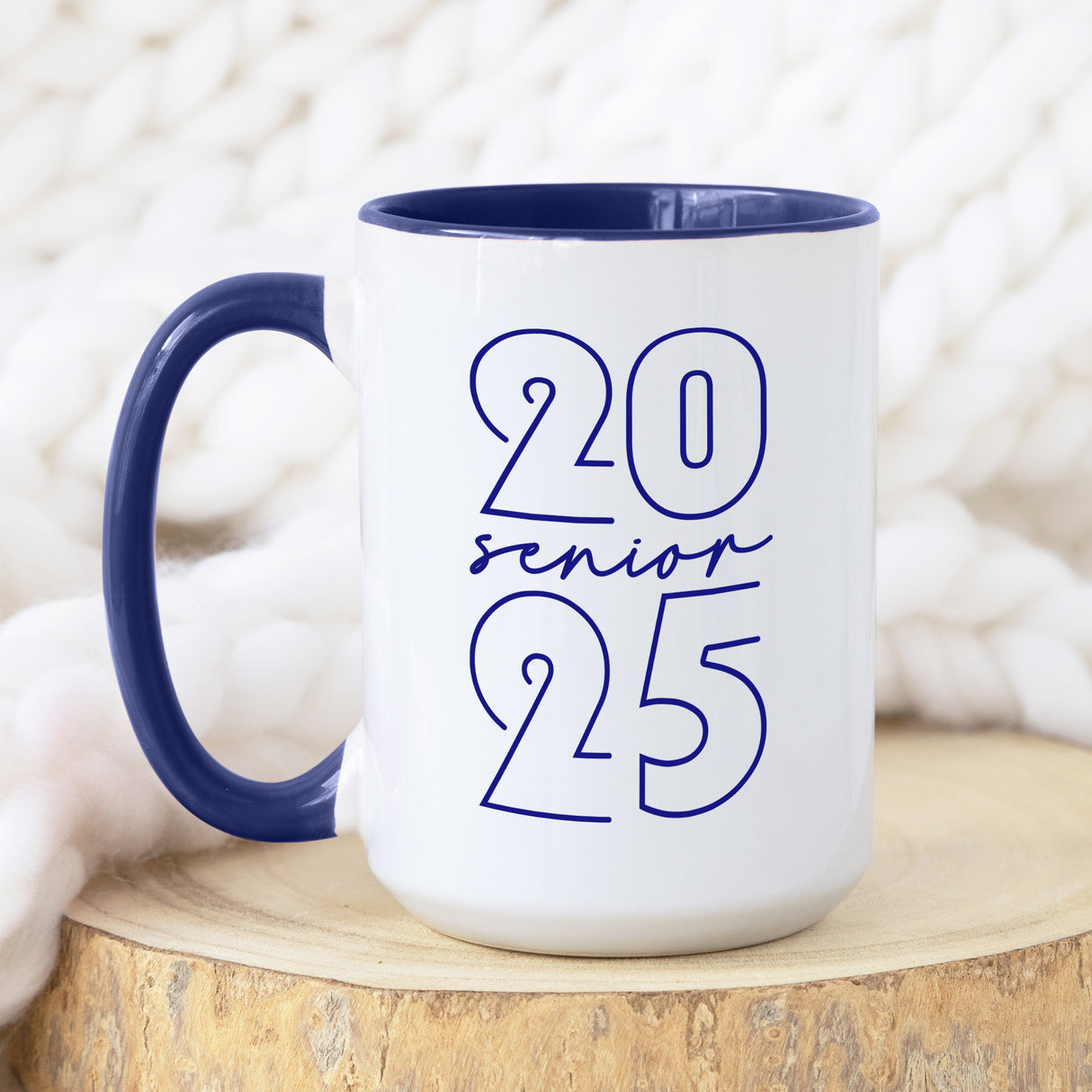 Dark blue Graduation coffee mug for Class of 2025, minimalist design gift for high school or college seniors.