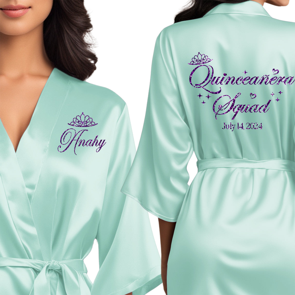 The perfect personalized satin mint blue quince robes for the entire quinceanera squad.