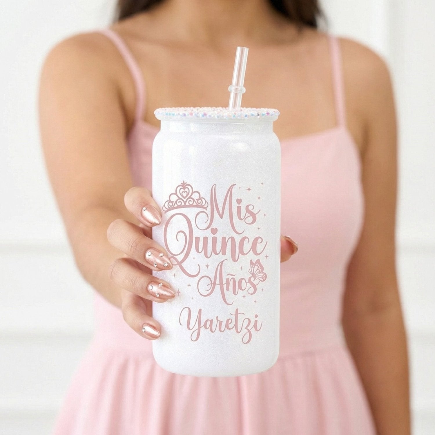 Rose Gold Quinceanera Gift Box w Rhinestone Cup and Bracelet - Gifts Are Blue