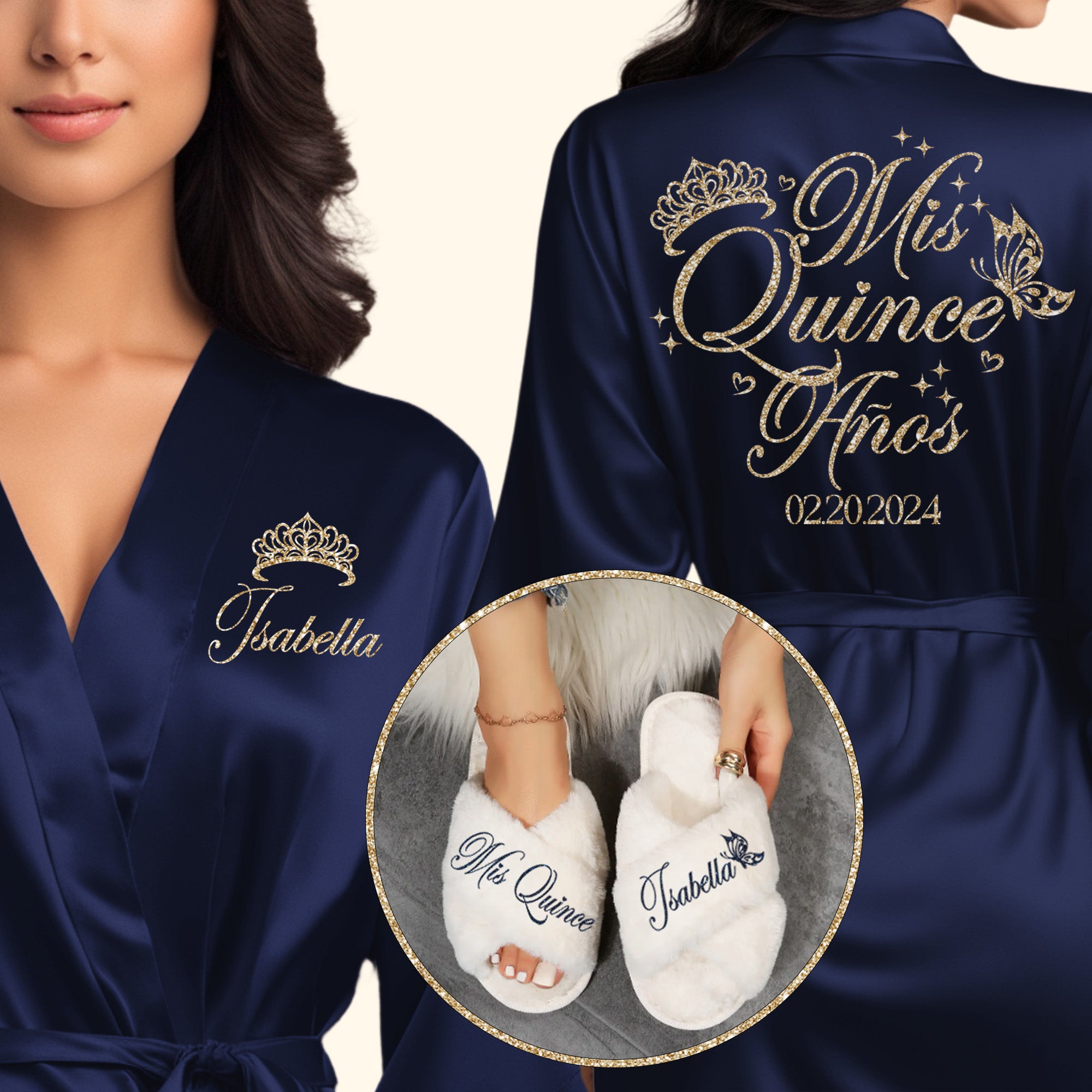 Personalized Mis Quince Anos Robe and Slipper Set Quinceanera Gift