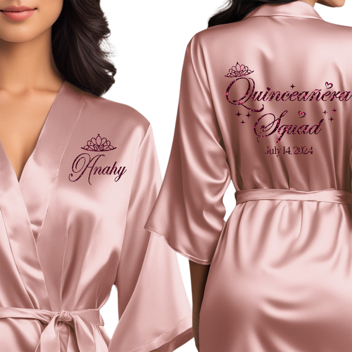 The perfect personalized satin quince robes for the entire quinceanera squad.