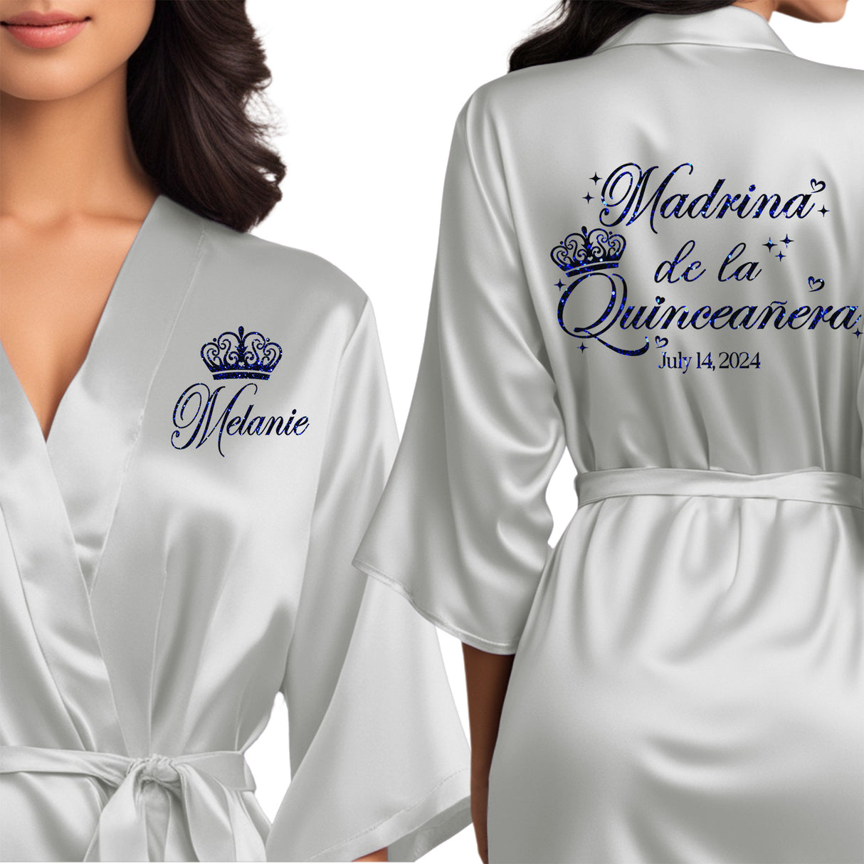 Satin silver quince robes with blue glitter design. Madrina de la quinceanera gtting ready robes.
