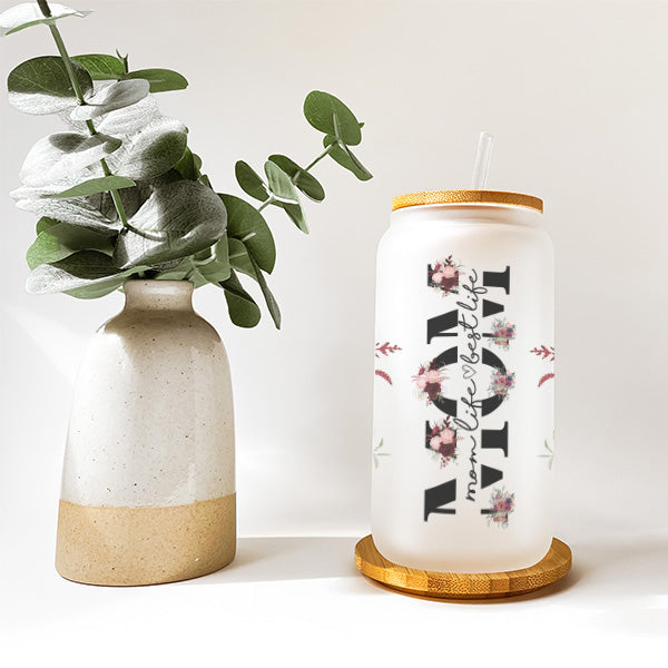 A frosted floral iced coffee cup designed as a gift of motherhood for mom. A perfect gift for her from son or daughter.