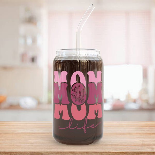 Iced Coffee Glass Cup with the words Mom Life printed design. Great gift for moms of all ages. Used as a Mothers Day Gift, gift for her on birthdays or Christmas or a just because gift.