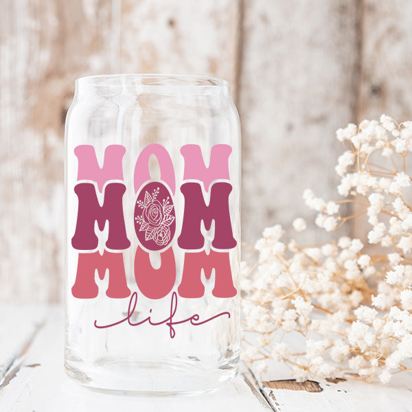 Mom Life Iced Coffee Glass Tumbler with Lid and Straw for Moms