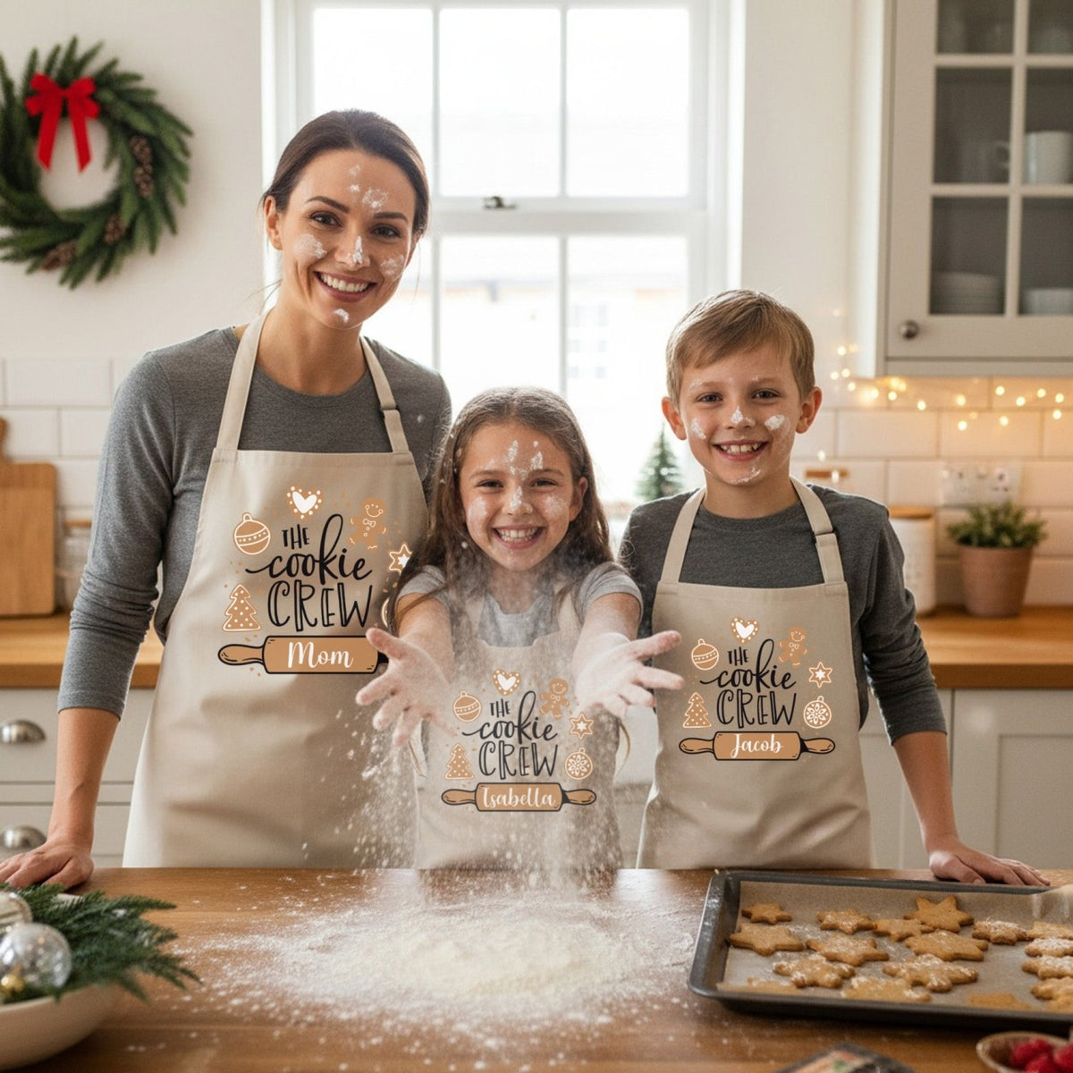 The Cookie Crew Personalized Family Matching Christmas Aprons for Adults and Kids - Gifts Are Blue