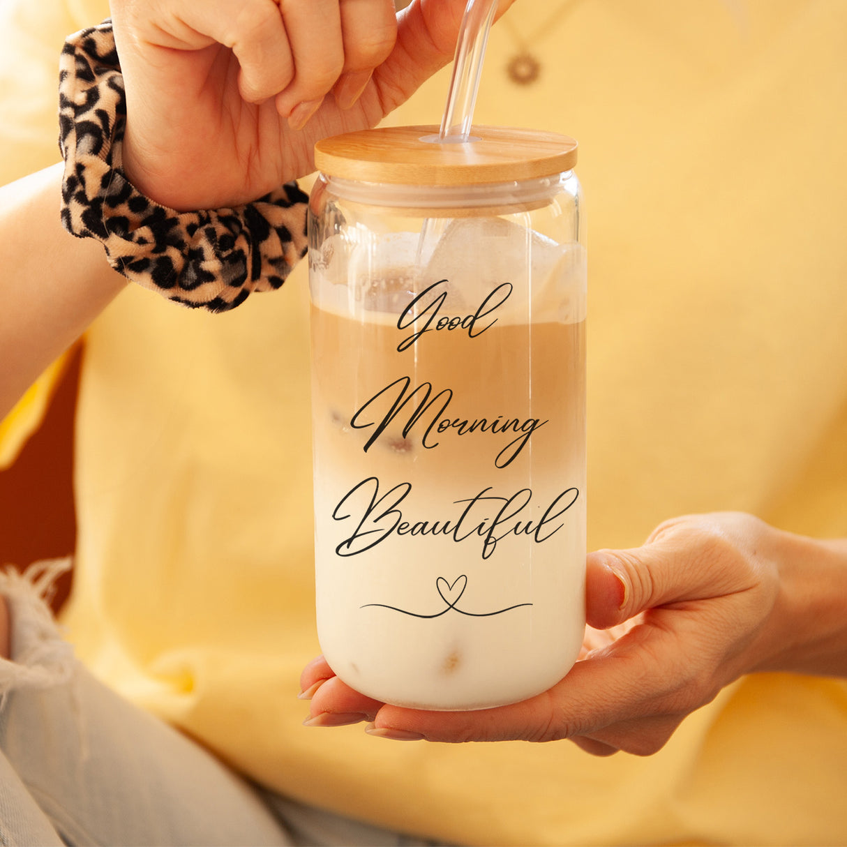 Good Morning Beautiful Clear Iced Coffee Tumbler with Lid and Straw.