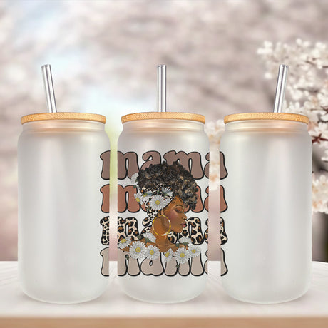 Frosted 16oz Afro Mama Glass Tumbler/Iced Coffee Cup for Afrocentric motherhood gift. This Afrocentric gift comes with a bamboo lid and a straw.