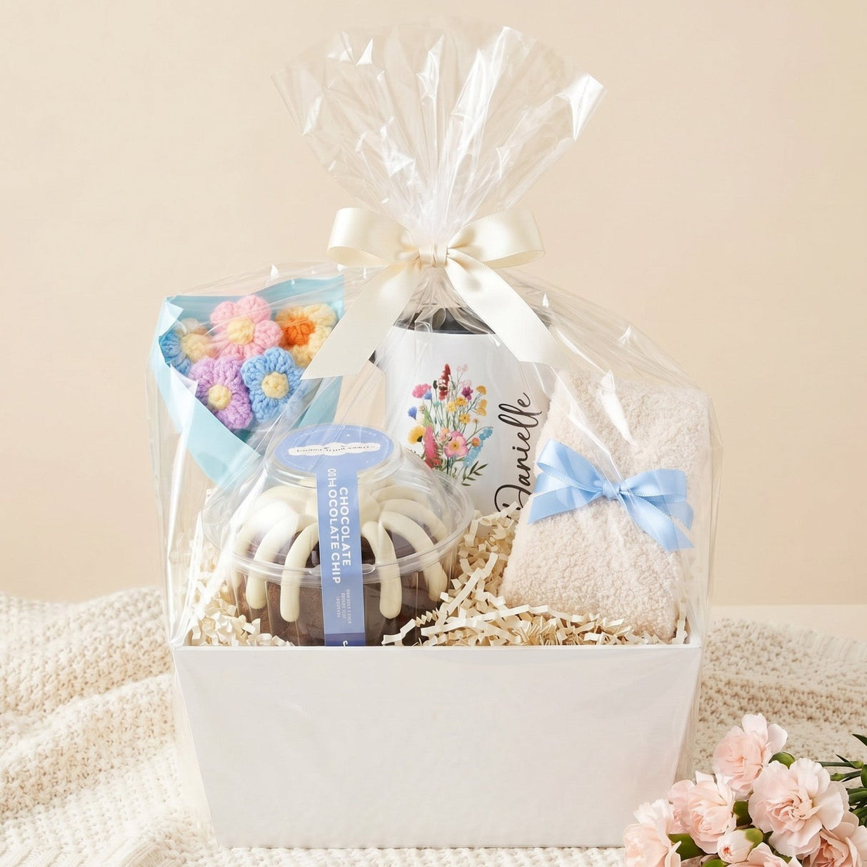 Sweet Cake & Bloom Basket Gift for Her with Bundt Cake, Mug and Fuzzy Socks - Gifts Are Blue