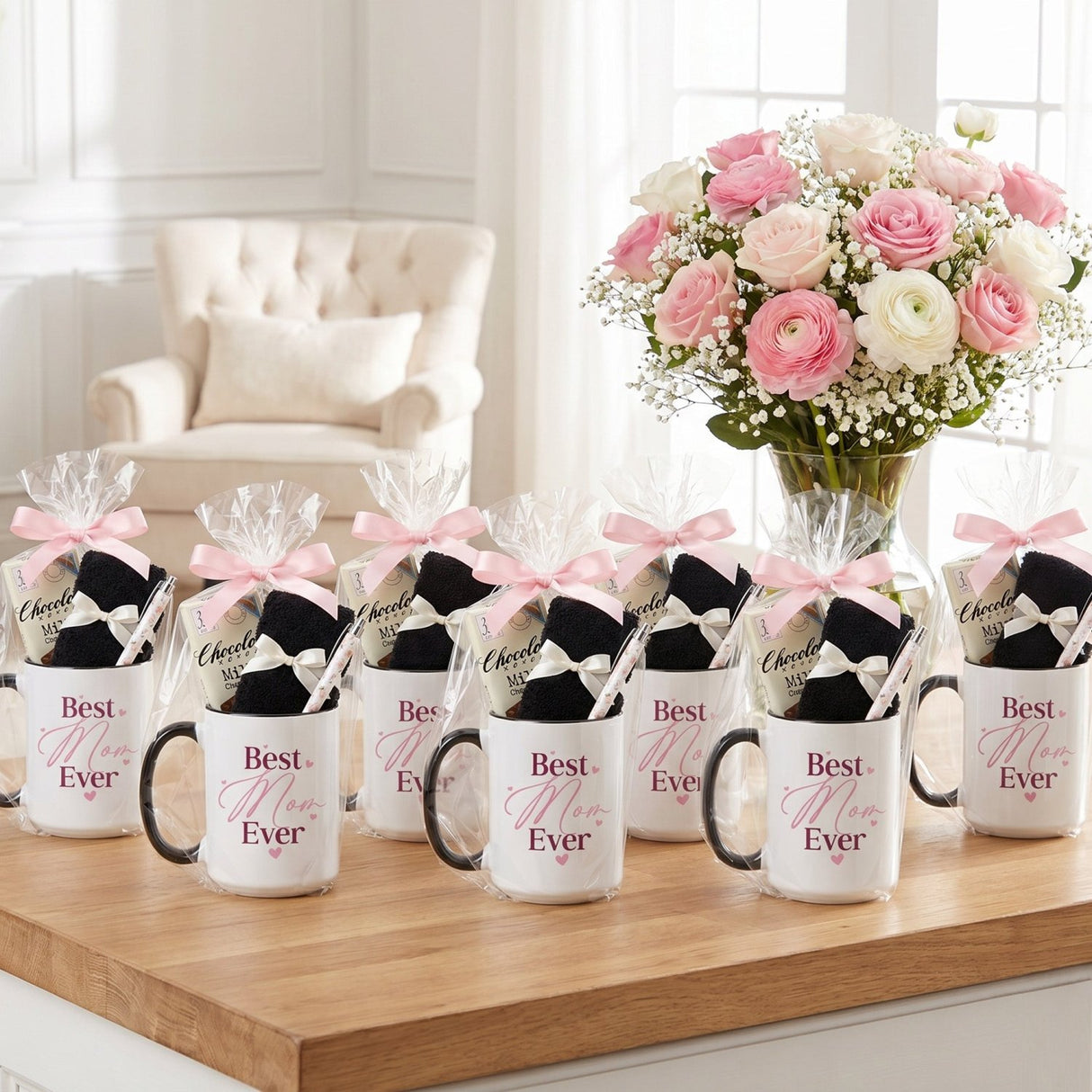 Best Mom Ever Mug Gift Set with Chocolate, Socks & Pen - Bulk Gifts for Women - Gifts Are Blue