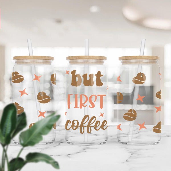 Our But First Coffee glass can is cute and funny. It features an all around printed design that will not fade or peel. It is dishwasher safe.