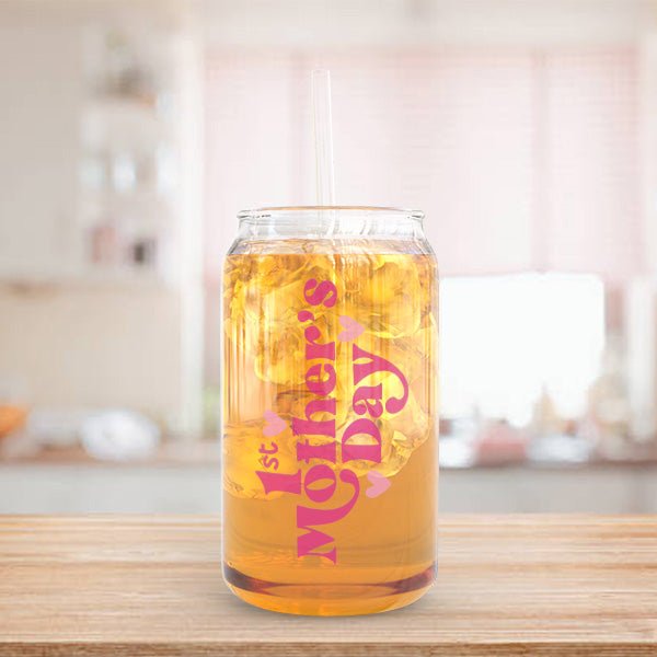 This is a cute libby glass can with the words 1st Mothers Day. You can customize the print color.