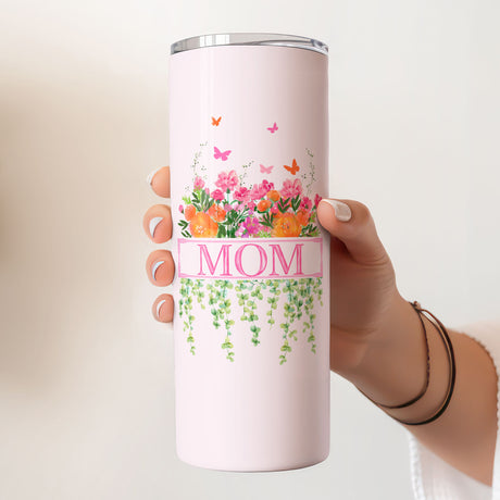 Custom 20 oz stainless steel tumbler with photo collage and blush pink floral pattern, gift for mom.