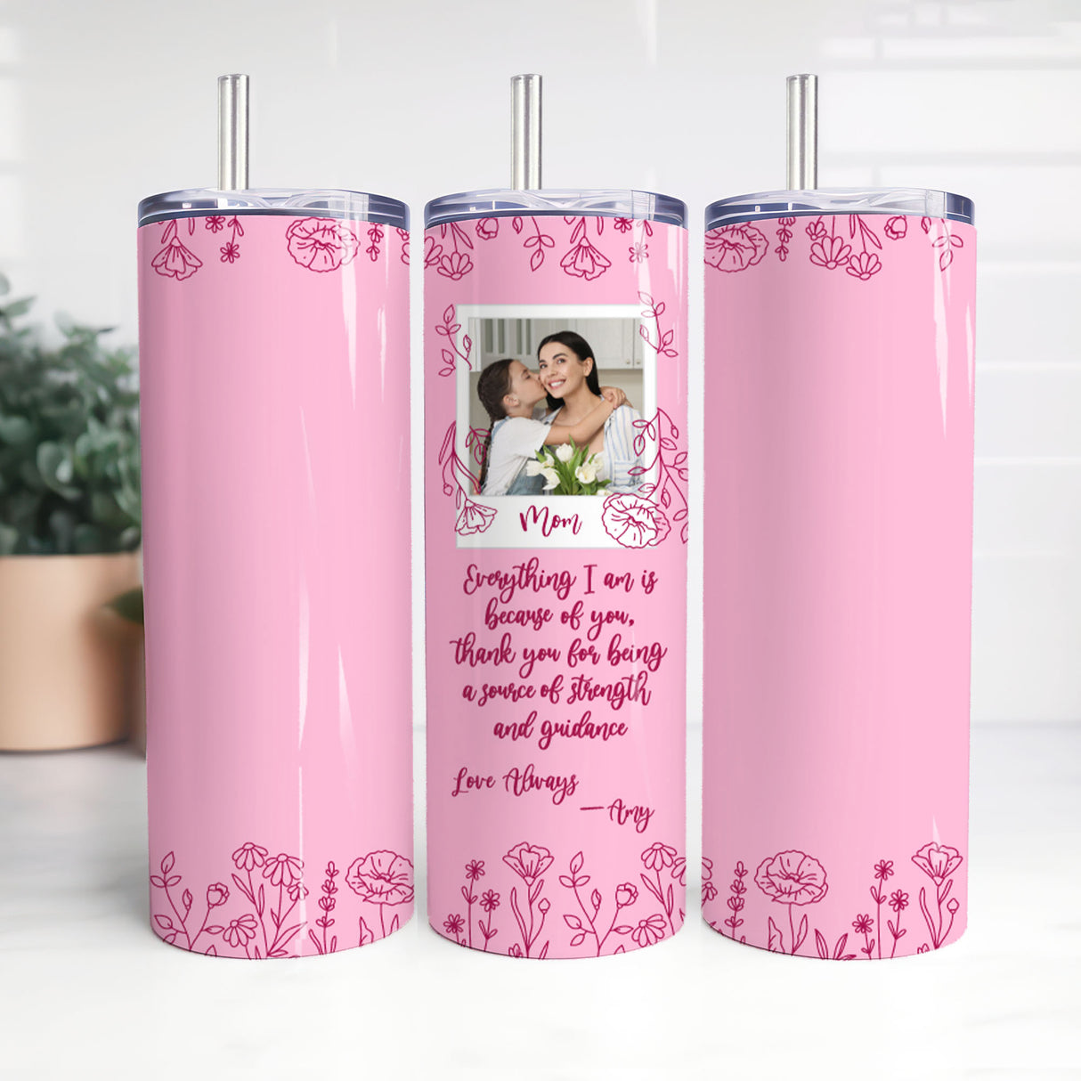 Custom 20 oz pink tumbler with photo collage and floral design, ideal birthday or Christmas gift for mom.