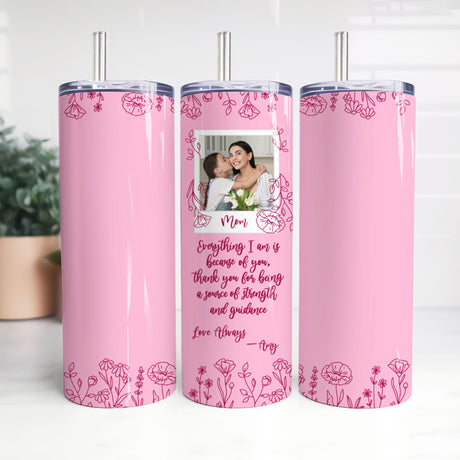 Custom 20 oz pink tumbler with photo collage and floral design, ideal birthday or Christmas gift for mom.