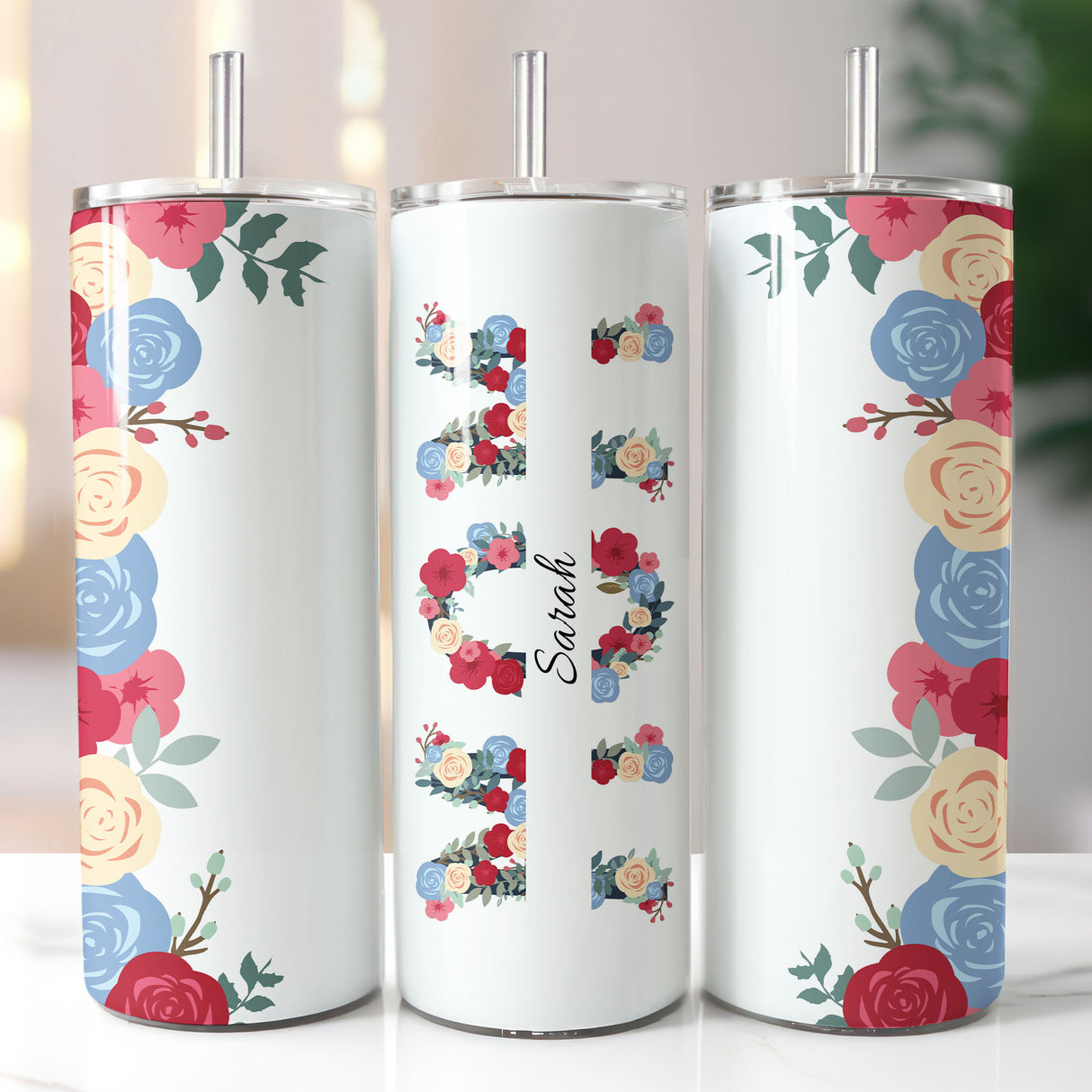 Artsy custom floral tumbler for mom with names, personalized gift for her for Mother’s Day.