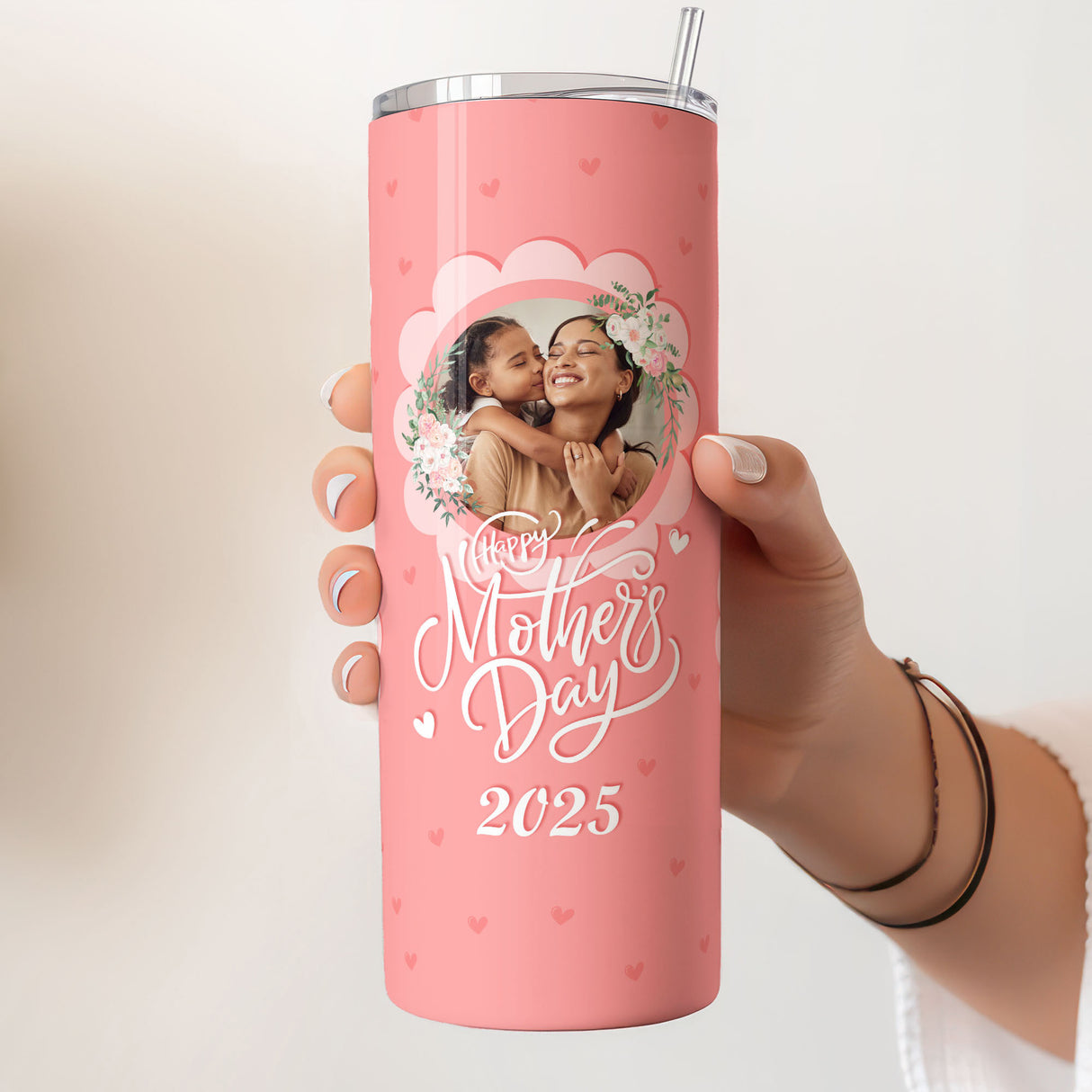 Personalized pink heart collage tumbler with family photos, unique Mother’s Day or birthday gift for mom.